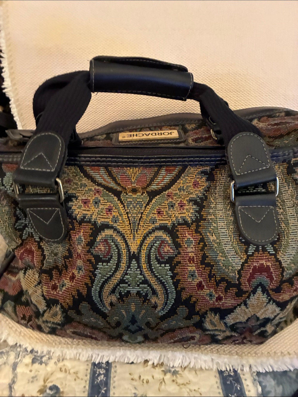 Vintage Jordache Multicolor Tapestry Duffel travel bag w/Black Trim